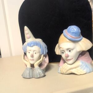 Porcelain Clown Figurines - Blue and Cream